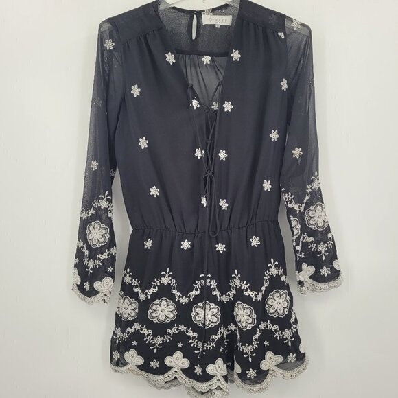 WAYF Black White Embroidered Lace Up Front Romper - Picture 1 of 10